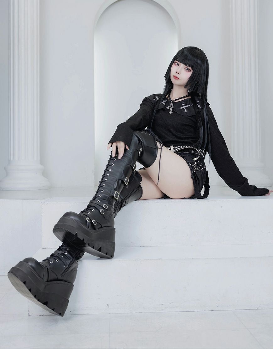 ililil【イルイルイル】地雷ちゃんのクロス刺繍キラキラリブカットソー